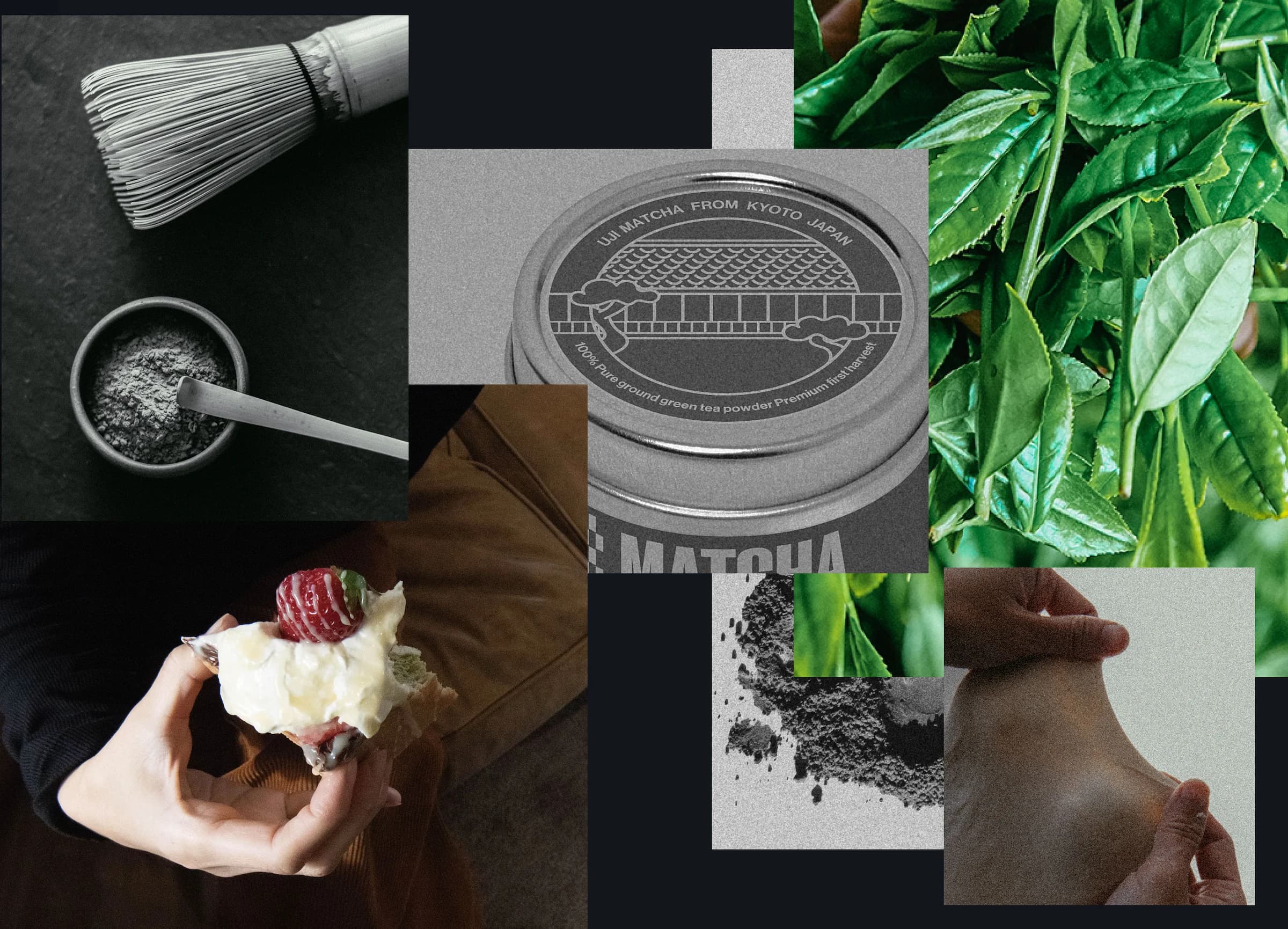 Japanese matcha, tea leaves, whisk, and matcha packaging